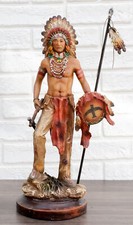 Native American Indian Warrior Chief With Eagle Roach Spear And Axe Figurine picture