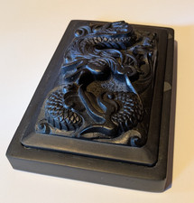 Vintage Chinese Calligraphy Inkstone Lidded Carved Dragon Heavy Black Stone 7x4. picture