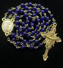 Colorized Archangel St Michael Center Cobalt Blue Glass Bead Rosary picture