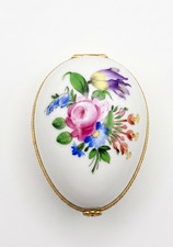 Vintage Porcelain Hinged Egg Trinket Box Hand Painted Flowers Pill Box 2.75