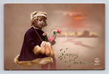 Alfred Noyer RPPC Happy Christmas Girl Fur Lined Coat Carnation Flowers Postcard picture