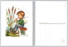 Vintage Korsch Verlag Hanitsch Boy Playing Horn Bird Cattails Postcard picture
