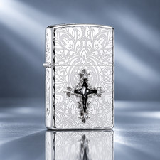 Gothic Cross Zippo Lighter Floral Engraved Silver Christian Gift for Men picture
