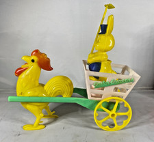 Vintage Plastic Easter Farmer Bunny in Wagon Pulled by Rooster Easter Express picture