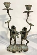 Metal Dancing Frogs on Lily Pad Double Candle Stick Holder with Patina Heavy picture