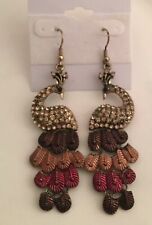 Gold Plate Brown Red Enamel Topaz Crystal Peacock Pierced Earrings Movement picture