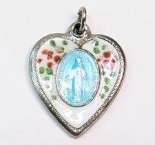 Vintage Mother Mary Heart Charm Pendant Enamel Sterling Silver Magnificent Medal picture