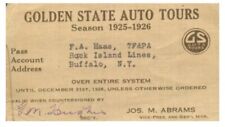 PASS Golden State Auto Tours  1925-26  F.A. Hass  Damage on left side of pass picture