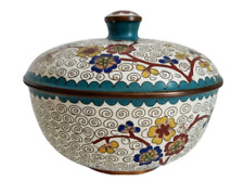 Chinese Floral Flowers Cloisonne Hand Painted Enamel Lidded Catchall Bowl  picture