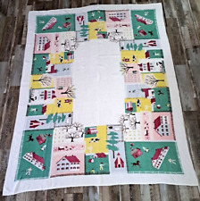 Vintage Block Print Tablecloth Farmhouse Animals Country Mid Century 55x50 picture