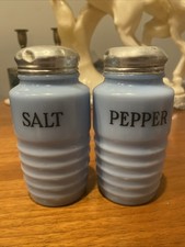 Vintage Jeanette Glass Delphite Blue Salt  and Pepper Shakers W/Lids Range Size picture