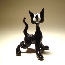 Blown Glass Art Figurine Animal Small Black Kitten CAT with White Face & Tail Up picture