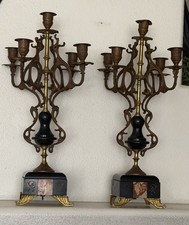 Antique Ornate Brass & Marble Base Candelabra Pair – 5-Light Candelabras (Flaw) picture