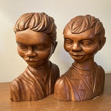Vtg J. Pinal Signed Wood Hand Carved Bookend Bust Set Mexico Elena Ponchito picture