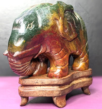 Vintage Hand-Carved Elephant Ocean Jasper With Stand 1950's Hong Kong 3