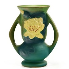 ROSEVILLE Original Vintage Signed Porcelain Dual Handle Water Lily Vase picture