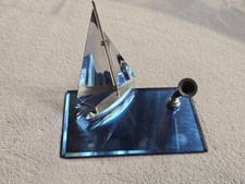 Vintage Art Deco Chrome Sailboat Desk Pen Holder Blue Mirrored Glass Base 1930s picture