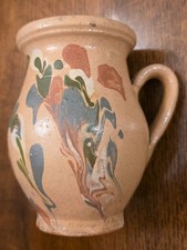 Antique Hungarian Earthenware Handled Pot w/ Unique Jaspe Marbling - Exc Cond picture