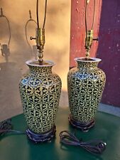Vintage PAIR Chinoiserie Enamel Ceramic Ginger Jar Urn Table Lamps Black Vine 28 picture