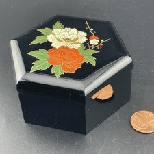 Vtg Asian Black Lacquered Keepsake Box, Hexagon Peony Motif picture