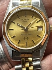Vintage Bulova Marine Star Quartz Men's Watch Gold Dial Two-Tone Date 330FT picture