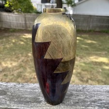 Vintage DEFINITIVE Brass Vase 12” Modernist Geometric MCM Dinanderie Style picture