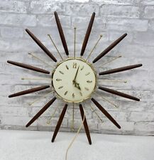 1963  LUX Mid Century Atomic Sunburst Teak Wall Clock Working Vintage MCM Vtg picture