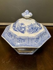 J Heath Ontario Scenic Blue & White Octagonal Ceramic Tureen w/ Lid Handles picture