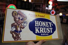RARE 1968 HONEY KRUST BREAD PAINTED METAL 2-SIDED FLANGE SIGN CORN FARM BEAR picture