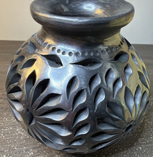 Vintage Barro Negro Black Clay Pierced Pottery Vase Organic Modern Boho Decor picture