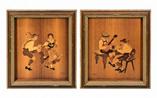 Vintage Buchschmid Gretaux BG German Wood Inlay Art Pair Bavaria Folk Framed Set picture
