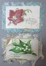 2 1880s SILK Fringe VICTORIAN CALLING CARD Die Cut Scrap CHRISTMAS Antique picture