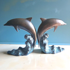 Vintage SJ Bay Trading Dolphin Sculptures Pair Brass Bronze Patina Nautical... picture