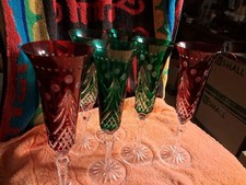 Six Waterford Crystal Champagne Flute Cut To Clear Christmas Green Hungary Made picture