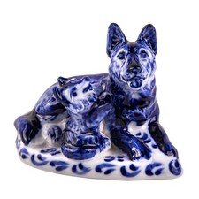 Gzhel Porcelain German Shepherd Figurine 3.7x2.7'' Hand Painted Dog Sculpture picture