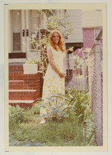 FOUND PHOTO - beautiful redhead woman in sundress, posing on porch 1970s  picture
