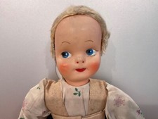 VTG/ANTIQ HANDMADE JOINTED POLISH GIRL DOLL EARLY CELLULOID OR PLASTIC FACE 15” picture