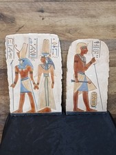 Vtg Egyptian Revival Relief Carved Stone Lot of 2 Wall Plaque Hieroglyphic Horus picture