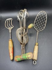 Vtg Green Wood Handle Kitchen Utensil Lot 3 Pc Egg Beater Masher Spatula  picture