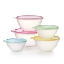 Tupperware Heritage Set of 5 Bowls with Lids, Clear/Multicolored (Vintage) picture