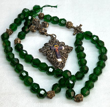 Antique Rosary Necklace Filigree Enamel Cross Emerald Faceted Large Glass Bead picture