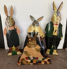 4 VTG Metal Rabbit Figurines Rustic Folk Art Metal Easter Country Farmhouse picture