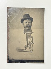 Antique 1800s Novelty Tintype Photo Man on Bicycle Penny Farthing Comic Portrait picture