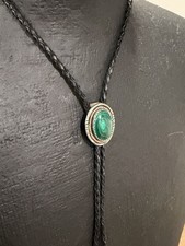 Native American Rare Vintage Navajo Malachite Sterling Silver Bolo Tie Signed RJ picture