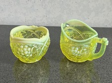 Antique US Glass Co. Opalescent Vaseline Spooner & Creamer Palm Beach Grape Vine picture