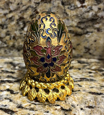 Gold Tone Floral Enamel Metal Collector Egg on Stand 3D Effect picture