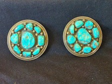 Rare Vintage Navajo Gilbert Gil Adeky Sterling Turquoise Bridle Rosettes Pair 2 picture