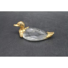 Vintage Faceted Crystal Glass Duck Figurine Gold Tone Metal Head Tail Wings picture