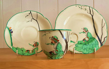 ART DECO WOODS IVORY WARE RARE GREEN CRINOLINE LADY  TRIO  C & S & 6.5 