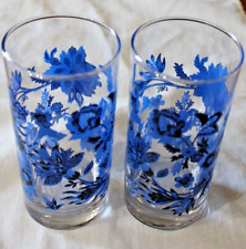 (2) Vntg Libbey Glass Tumblers Blue Black Flowers Floral 16 oz picture